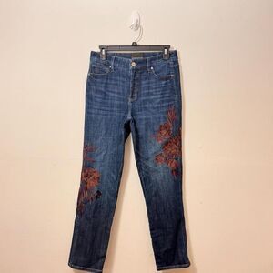 WHBM Dark Wash Floral Embroidered High Rise Curvy Straight Jeans Size 4